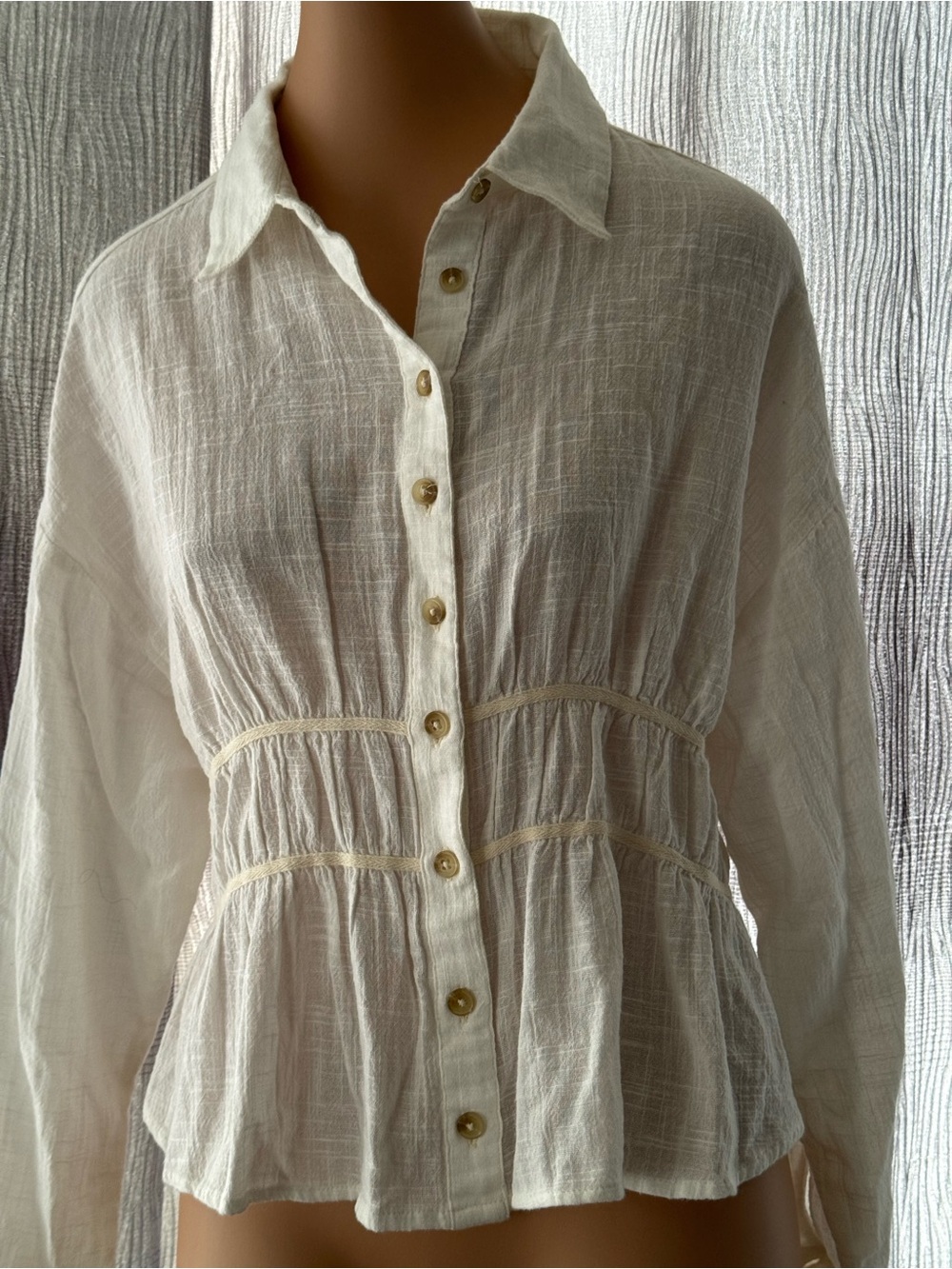 FREE PEOPLE 100% Cotton Lightweight White Button-Front Peplum Blouse